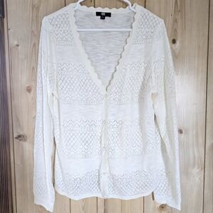Frye Women's Open Knit Cardigan Sweater L White 100% Cotton Boho Beachy Layering